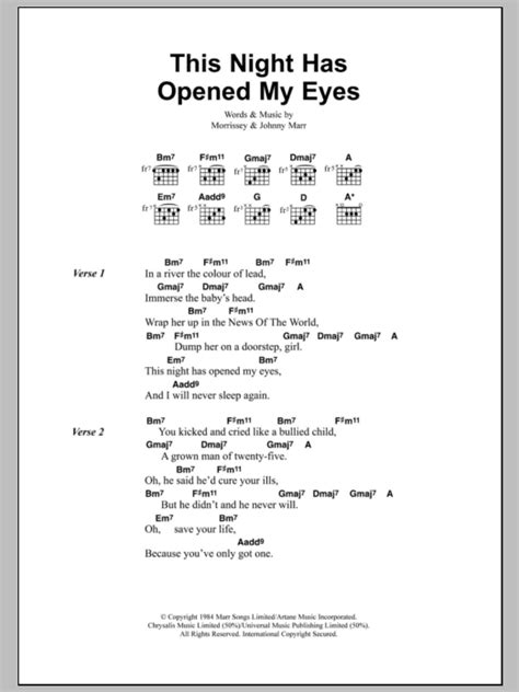 This Night Has Opened My Eyes Chords by The Smiths. 3,265 views, added to favorites 163 times. Difficulty: beginner: Tuning: E A D G B E: Capo: 2nd fret: Author georgeplith [a] 19,188. Last edit on Dec 02, 2023. View official tab. We have an official This Night Has Opened My Eyes tab made by UG professional guitarists.